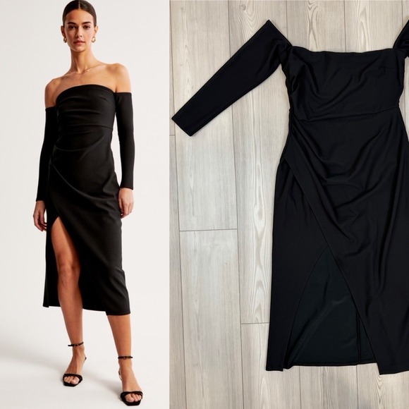 Abercrombie & Fitch Dresses & Skirts - Abercrombie & Fitch Long-Sleeve Off-the-Shoulder Crepe Midi Dress Black Large
